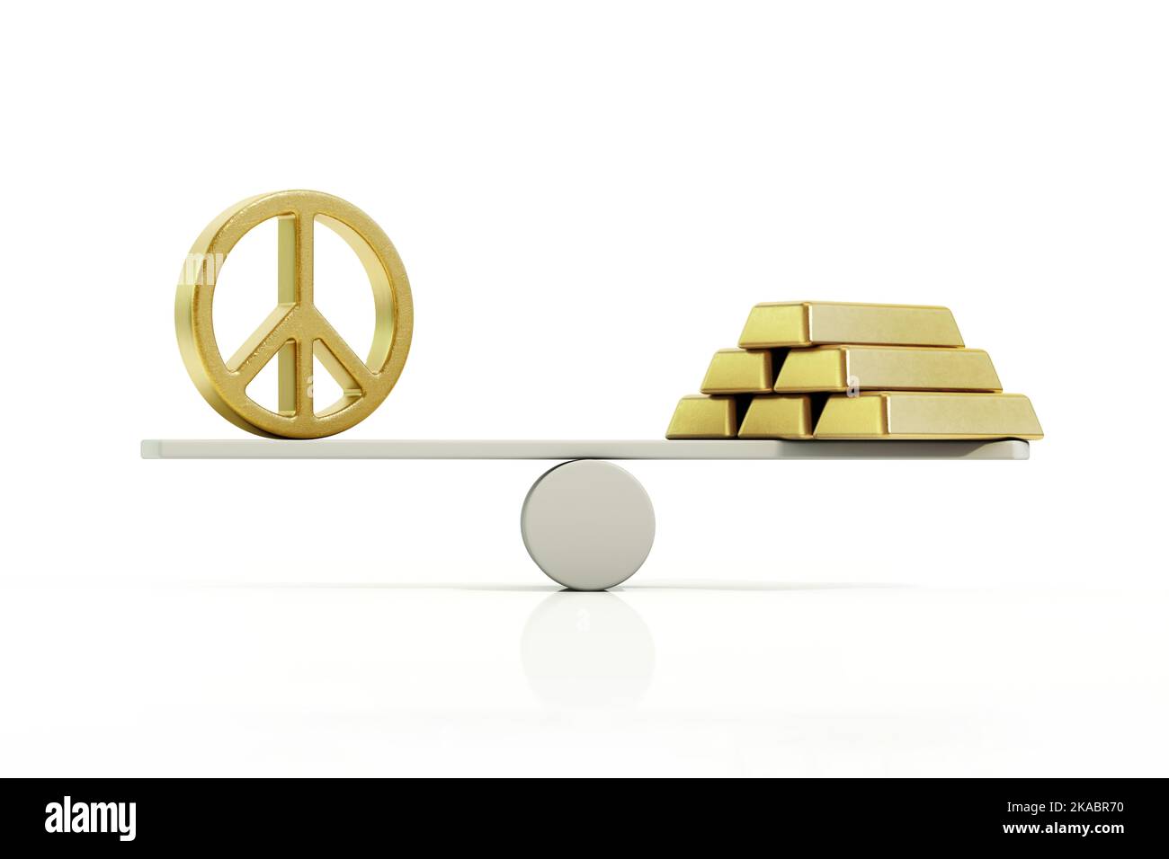 Símbolo de paz y lingotes de oro en equilibrio a ambos lados de la proa. Ilustración 3D. Foto de stock