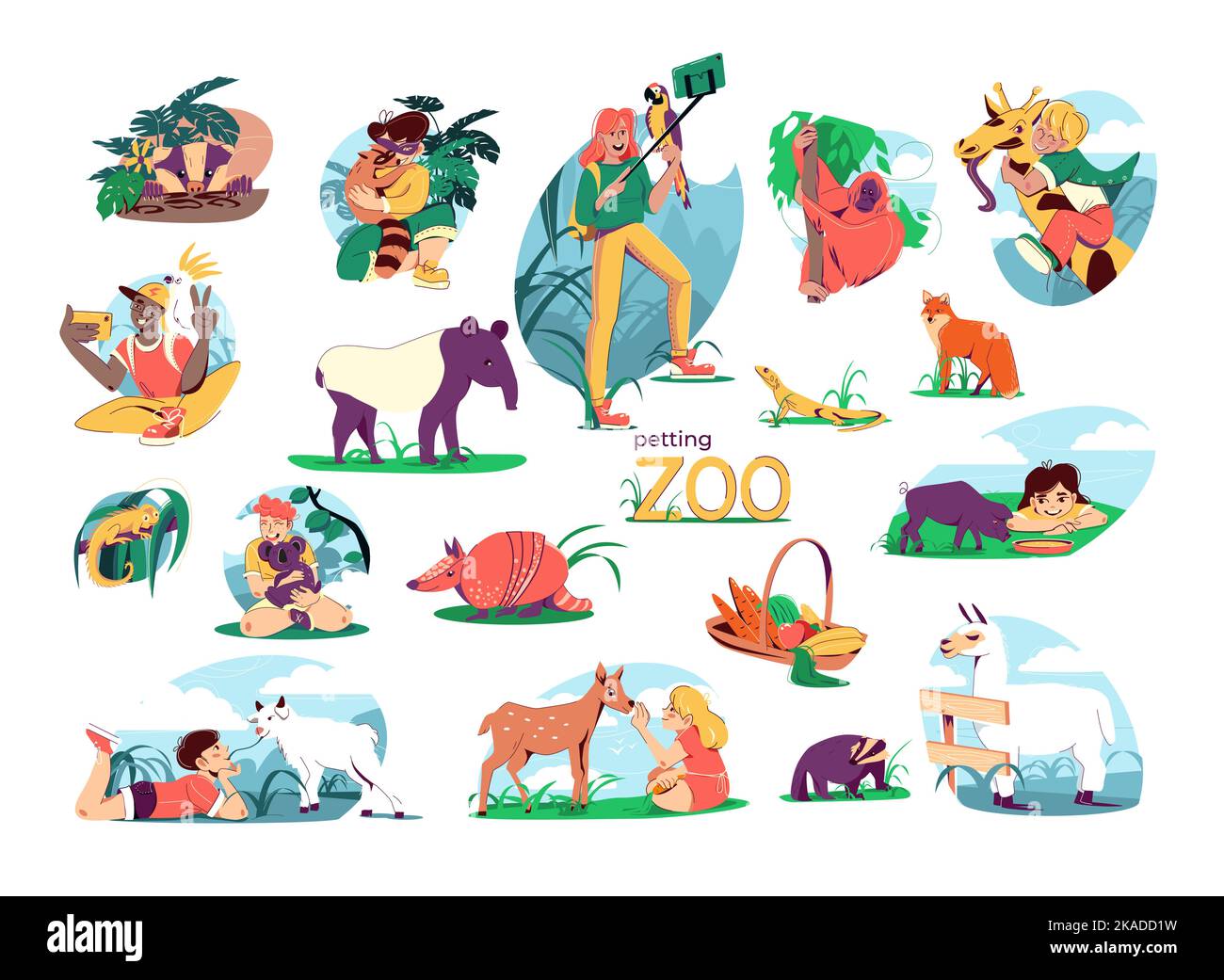 Zoológico de mascotas conjunto plano de composiciones aisladas con animales exóticos en contacto directo con personajes humanos ilustración de vectores Ilustración del Vector