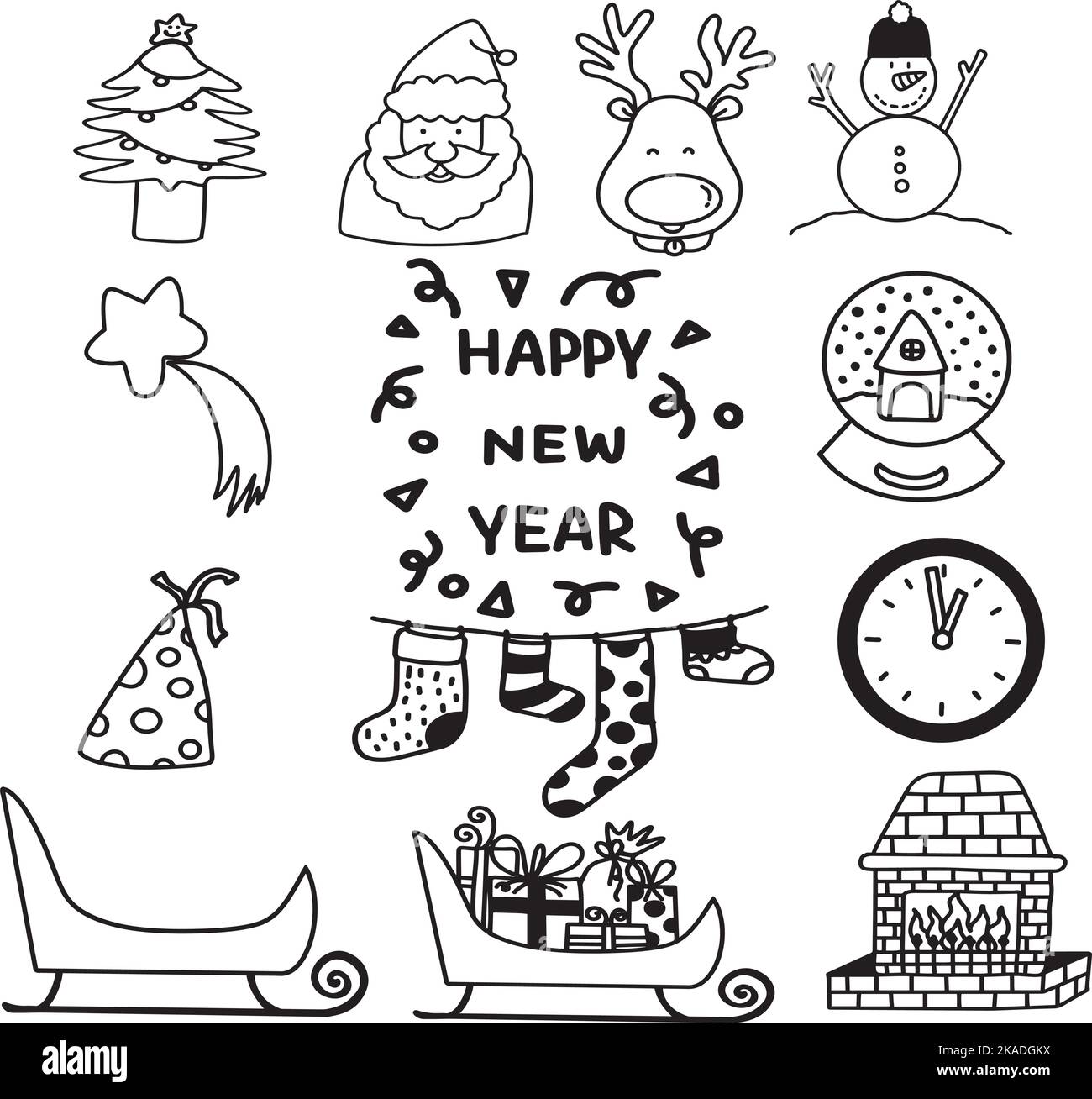 Año nuevo celebración doodle vector mano dibujo estilo línea dibujar navidad Ilustración del Vector