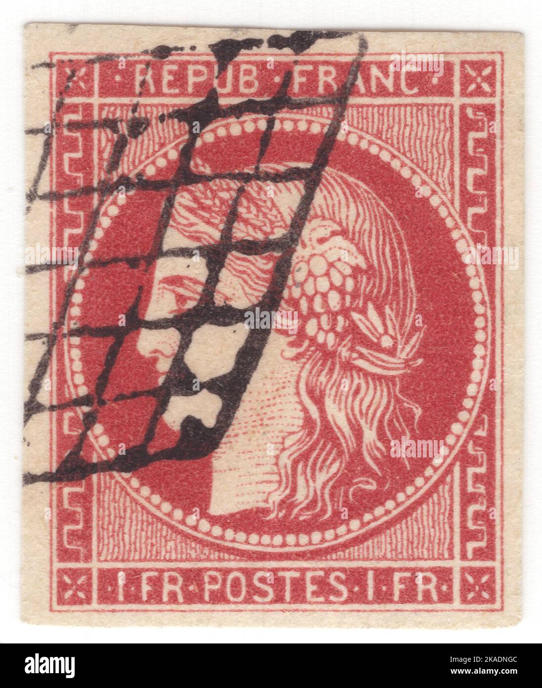FRANCIA - 1849: Un sello franco de carmín de luz de 1 que representa Ceres — Diosa de la agricultura, la fertilidad, los granos, la cosecha, la maternidad, la tierra, y cultivó las cosechas Foto de stock