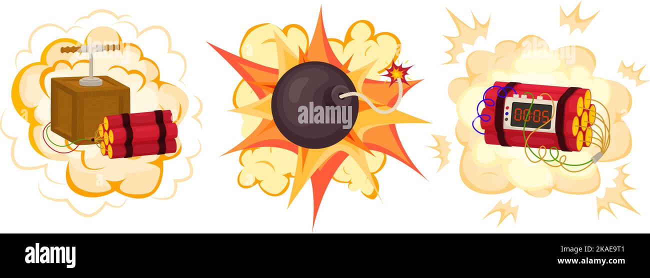 Bomba de dinamita conjunto de tres iconos aislados con explosivos detonantes de demolición y nubes de humo ilustración de vectores Ilustración del Vector