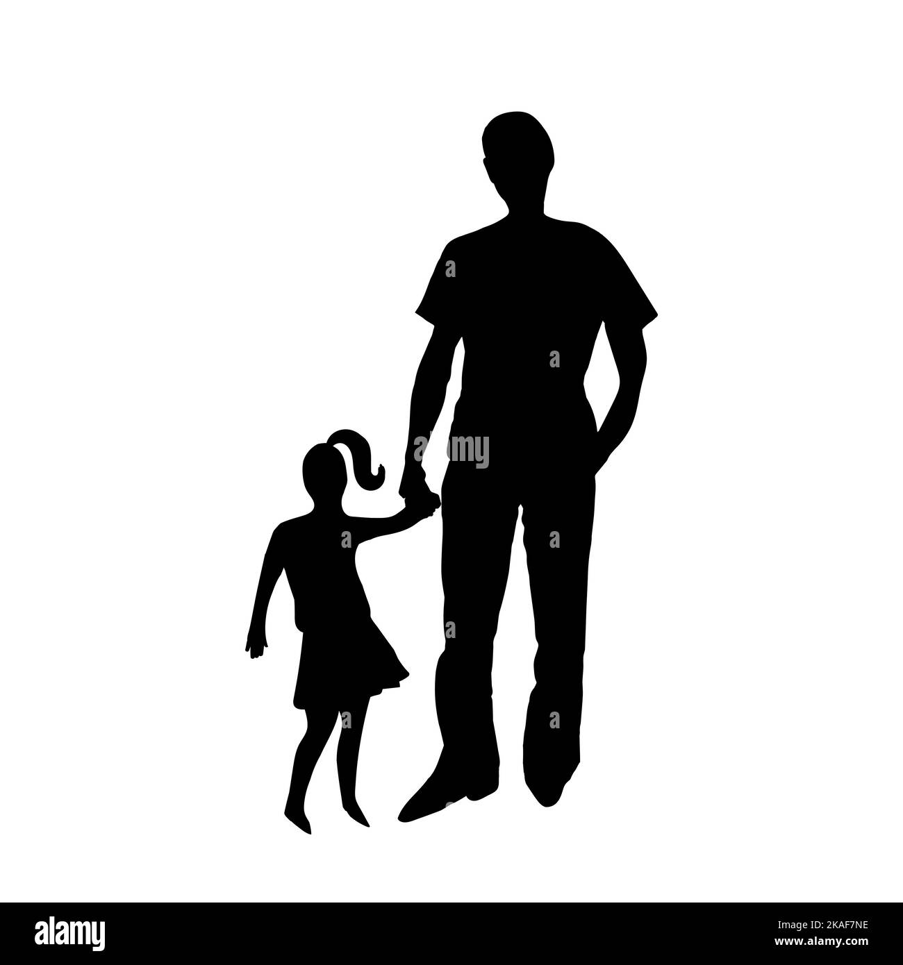 Siluetas negras padre e hija. Hombre sosteniendo la mano de la niña 
