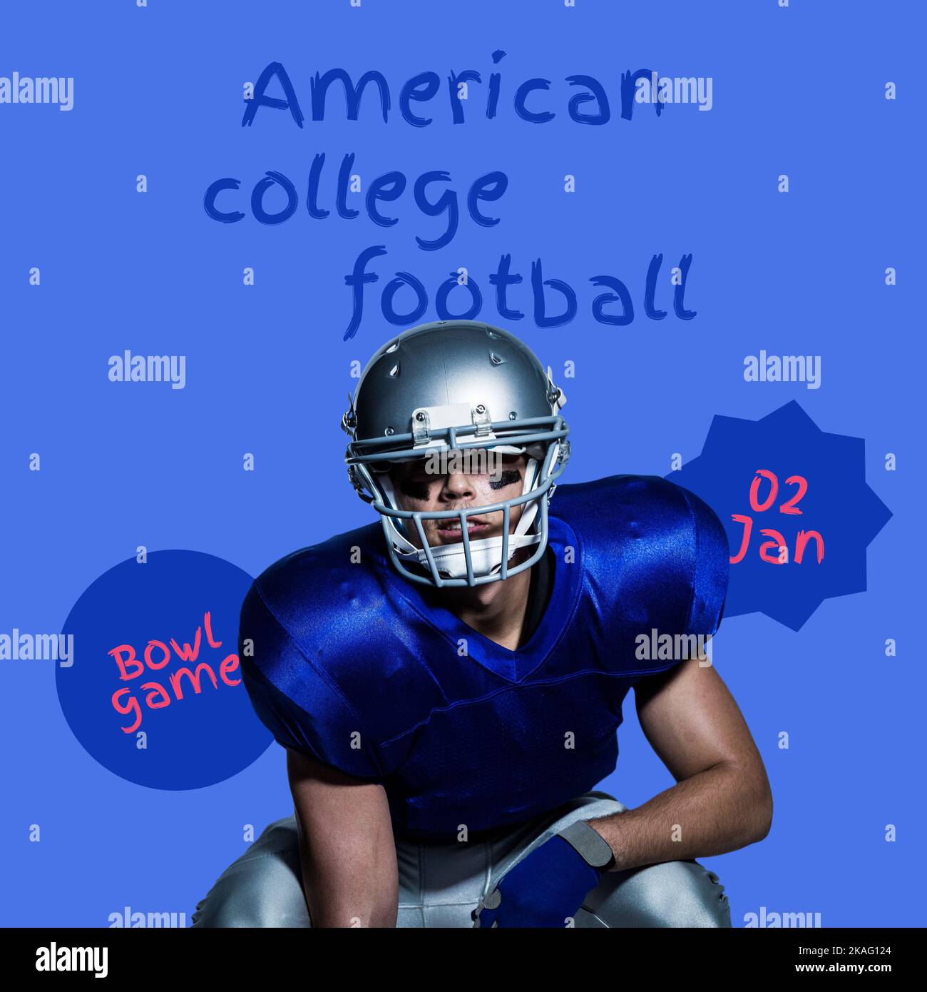Composición del texto de fútbol americano universitario sobre el jugador de fútbol americano caucásico Foto de stock