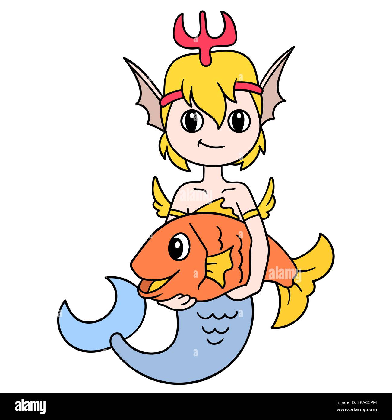 Un lindo doodle editable de Poseidón, una pequeña sirena con tridente en la cabeza sosteniendo un pez dorado Ilustración del Vector
