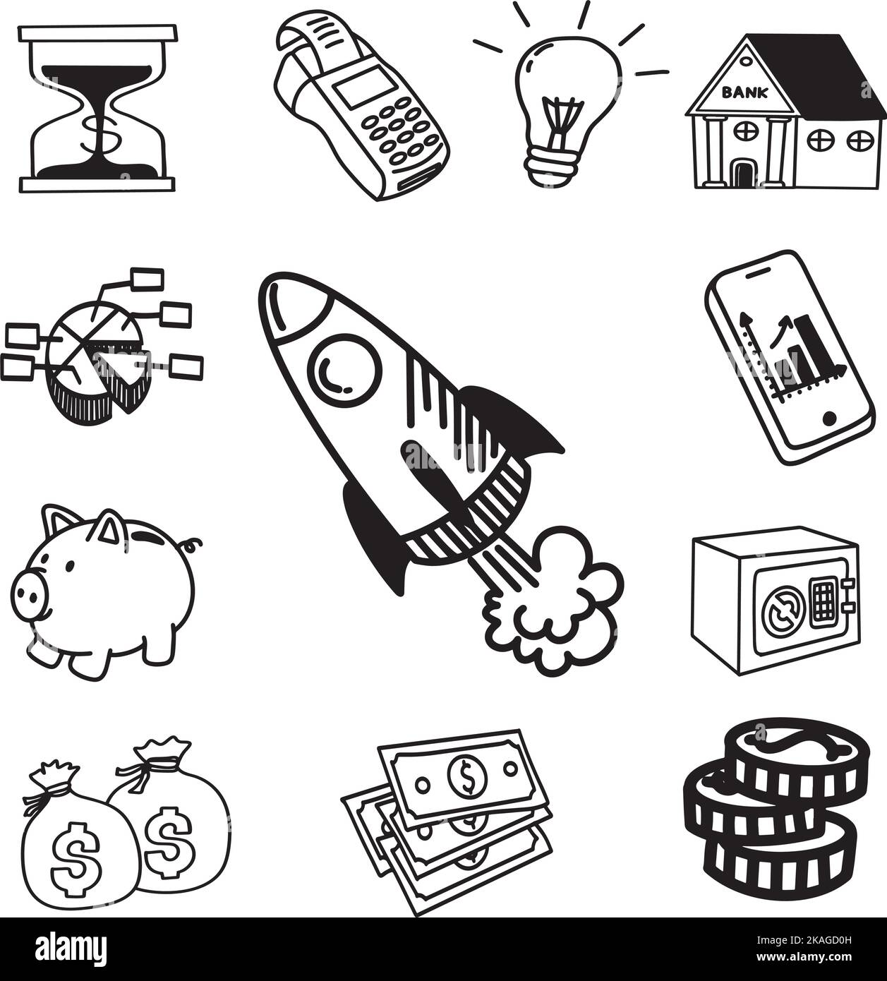 Ideas de negocio lanzamiento del cohete, doodle frehand que dibuja el negocio de la bombilla garabatos sistema Ilustración del Vector