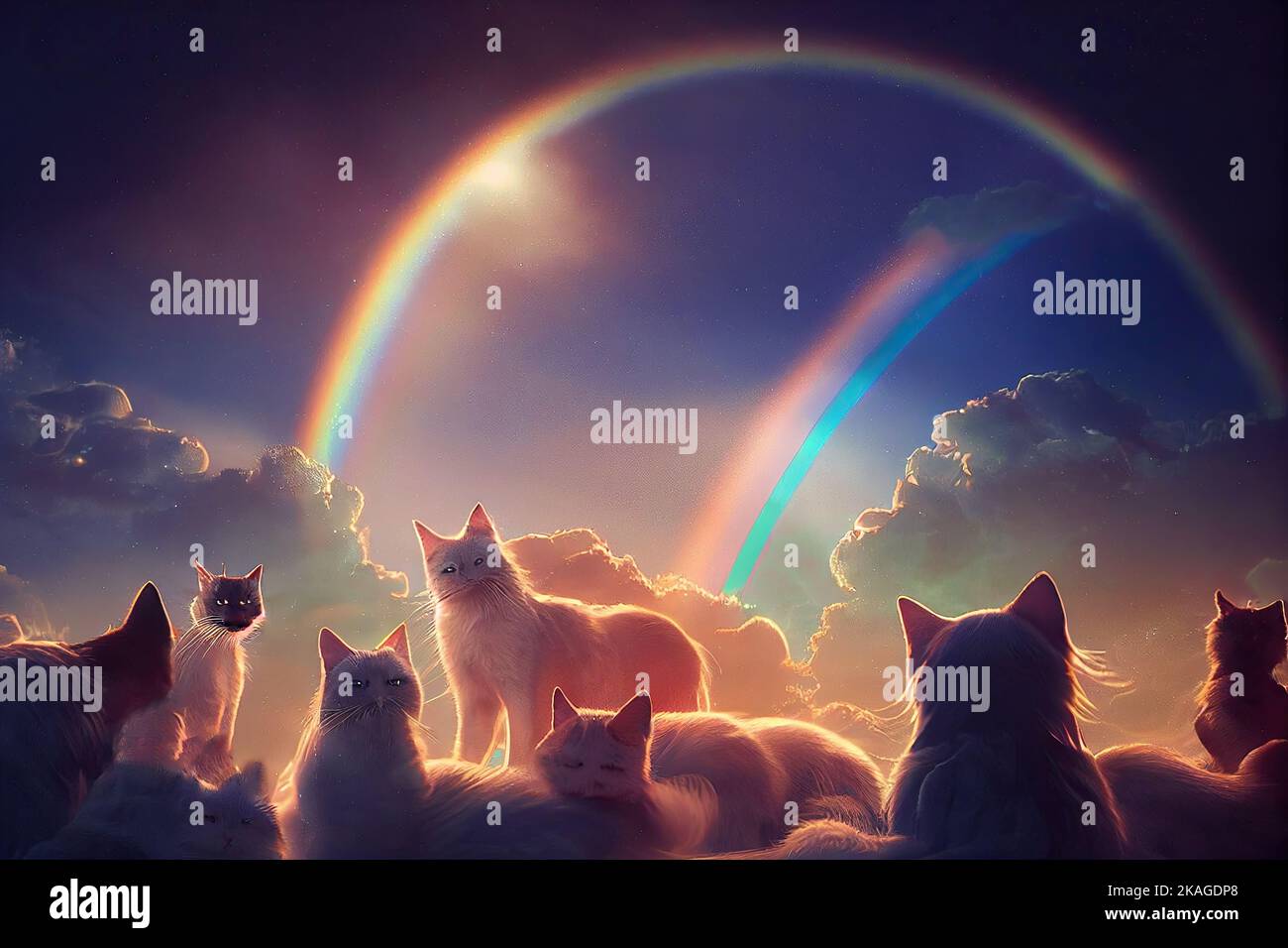 Los perros y gatos viven en un paraíso celestial donde juegan y corren en  un hermoso jardín de hadas cubierto de arcoiris por la eternidad,  disfrutando Fotografía de stock - Alamy