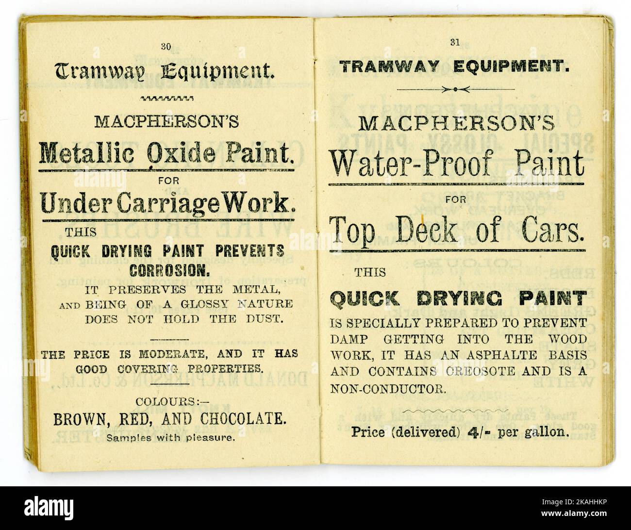 1909 Página interior del diario de Donald Macpherson & Co Ltd Fabricantes de pinturas de aceites Colores y barnices, Knott Mill, Manchester . Pintura de óxido metálico para trabajos de transporte (equipo de transporte). Pintura impermeable de MacPherson para la cubierta superior de coches. Foto de stock