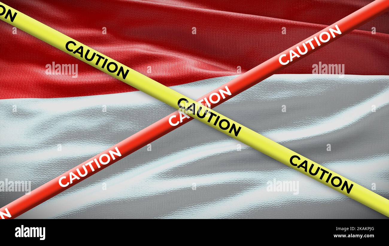 Bandera nacional de Indonesia con cinta amarilla de precaución. Edición en noticias de países. Ilustración 3D. Foto de stock