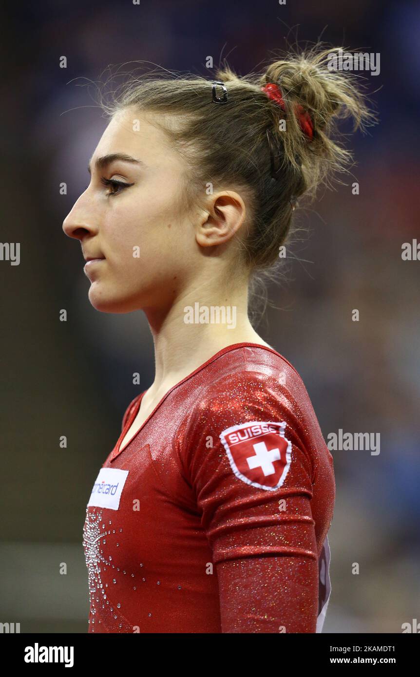 Ilaria Kaslin (SUI) durante la Copa Mundial de Gimnasia Deportiva IPRO en el O2 Arena, Londres, Inglaterra, el 08 de abril de 2017. (Foto de Kieran Galvin/NurPhoto) *** Por favor use el crédito del campo de crédito *** Foto de stock