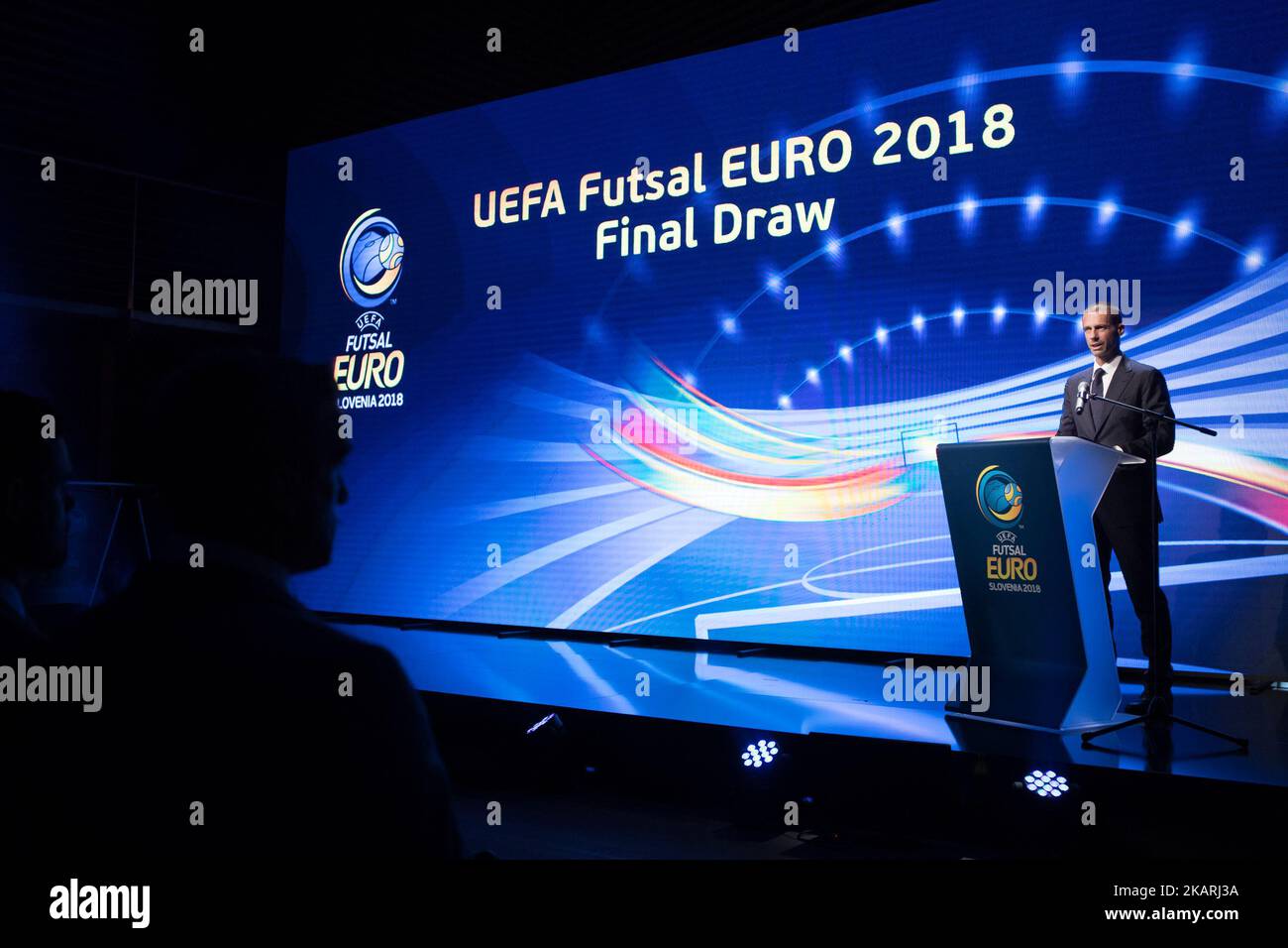 El presidente de la UEFA Aleksander Ceferin habla durante el sorteo final de la UEFA Futsal EURO 2018 en el Castillo de Ljubljana el 29 de septiembre de 2017 en Ljubljana, Eslovenia. (Foto de Damjan Zibert/NurPhoto) Foto de stock