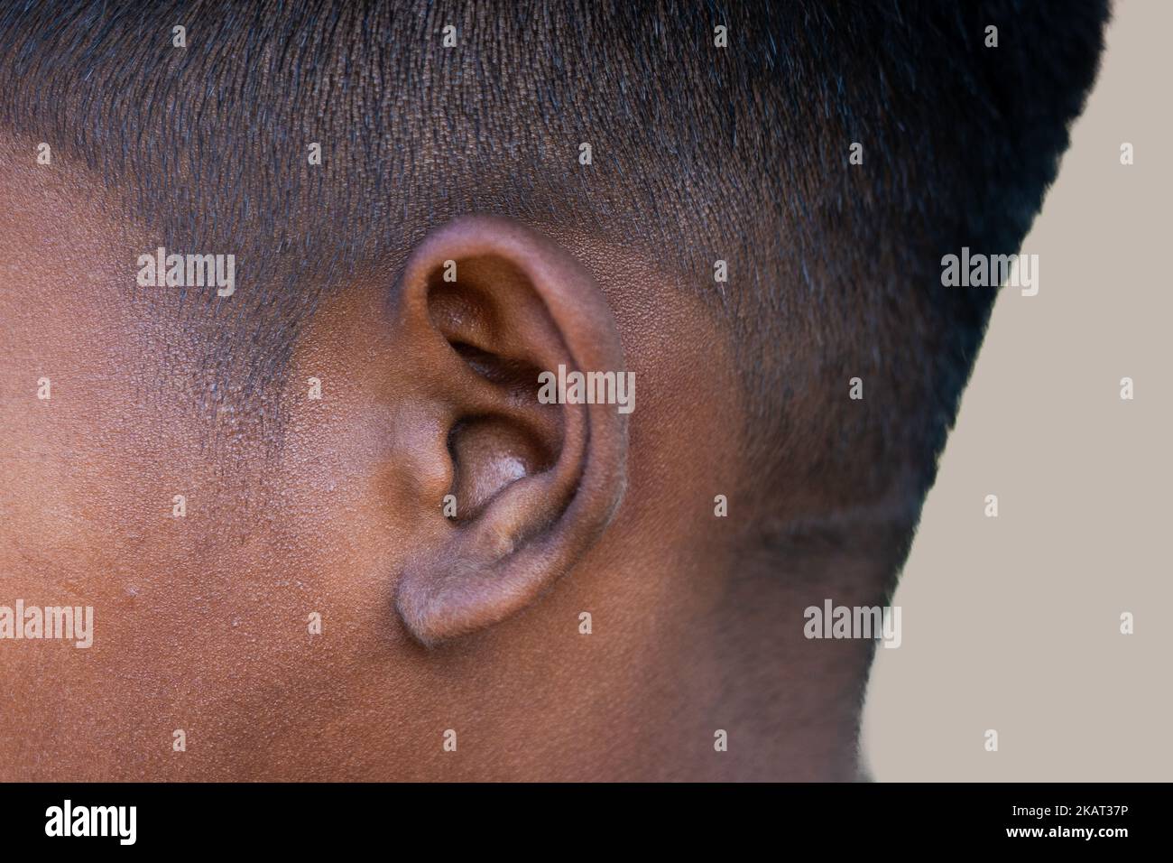 inyección de primer plano en el oído humano o examen médico Foto de stock