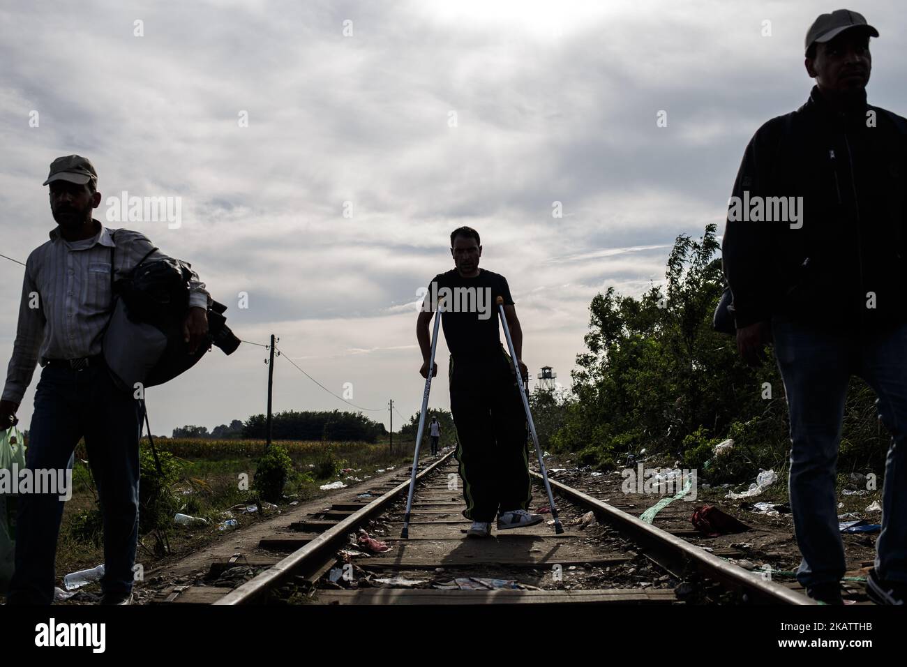 (9/14/2015) Serbia, Horgos. Refugiados discapacitados caminando hacia la frontera húngara. Hungría ha sido un importante país de tránsito para los migrantes, muchos de los cuales apuntan a continuar hacia Austria y Alemania. En 2015, Hungría construyó una barrera fronteriza en su frontera con Serbia y Croacia. La valla se construyó durante la crisis de los inmigrantes europeos con el objetivo de garantizar la seguridad fronteriza evitando que los refugiados y los inmigrantes entren ilegalmente, y permitiendo la opción de entrar a través de los puestos de control oficiales y solicitar asilo en Hungría, de conformidad con la legislación internacional y europea. El número de participantes ilegales Foto de stock