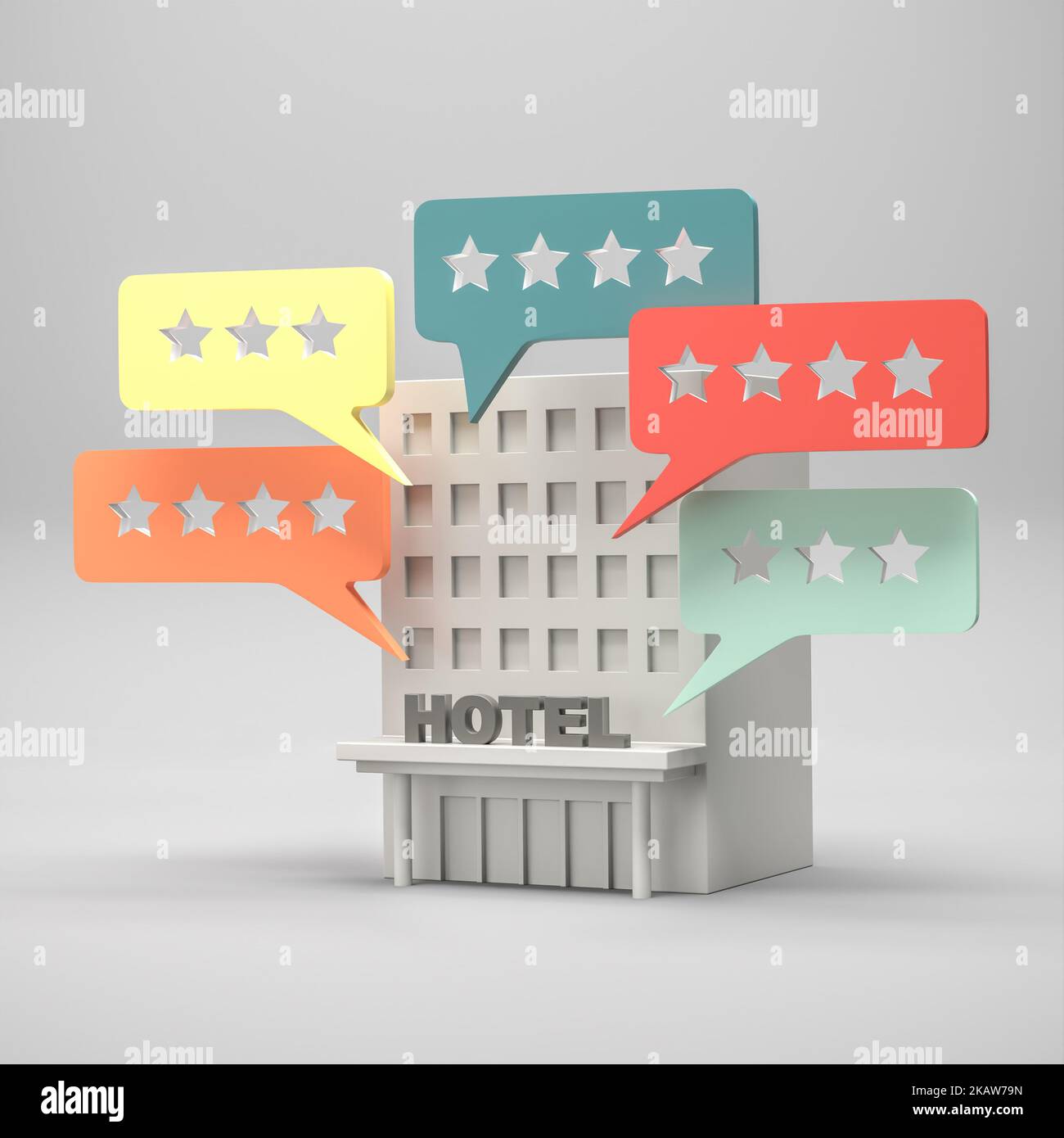 Concepto de clasificación del hotel: Un edificio rodeado de estrellas en burbujas de voz. presentación 3d. Foto de stock
