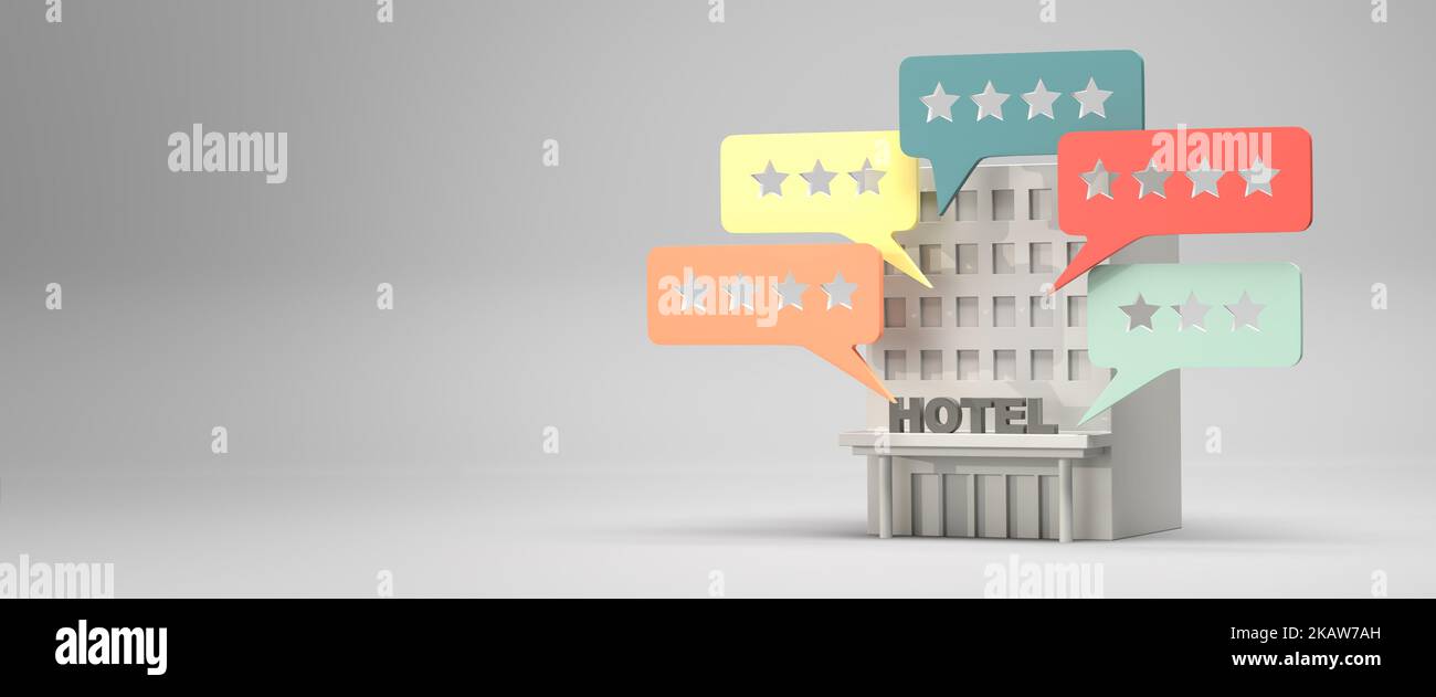 Concepto de clasificación del hotel: Un edificio con clasificación de estrellas en las burbujas de voz alrededor. presentación 3d. Formato de banner web con espacio de copia Foto de stock