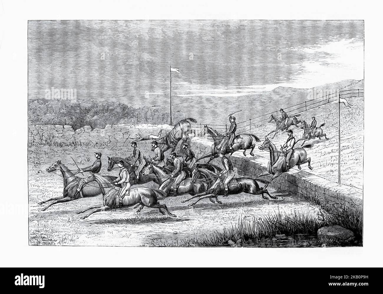 El International Steeple Chase que tiene lugar en el hipódromo de Limerick en la década de 1860s. Desde 1790 ha habido siete diferentes lugares locales utilizados para organizar diversas formas de carreras de caballos. Sus predecesores incluyeron lugares en Bruff, Rathkeale, Newcastle, Lemonfield, Ballinacurra y Greenpark (el último lugar, cerrado en 1999 con éxito organizó carreras de caballos durante ciento treinta años. Foto de stock