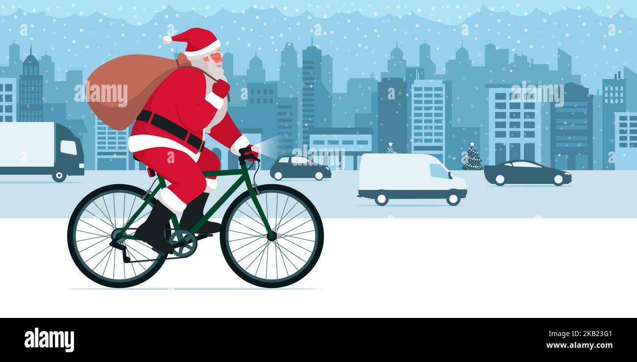 Feliz Papá Noel montando en bicicleta en la calle de la ciudad y llevando un saco lleno de regalos de Navidad Ilustración del Vector
