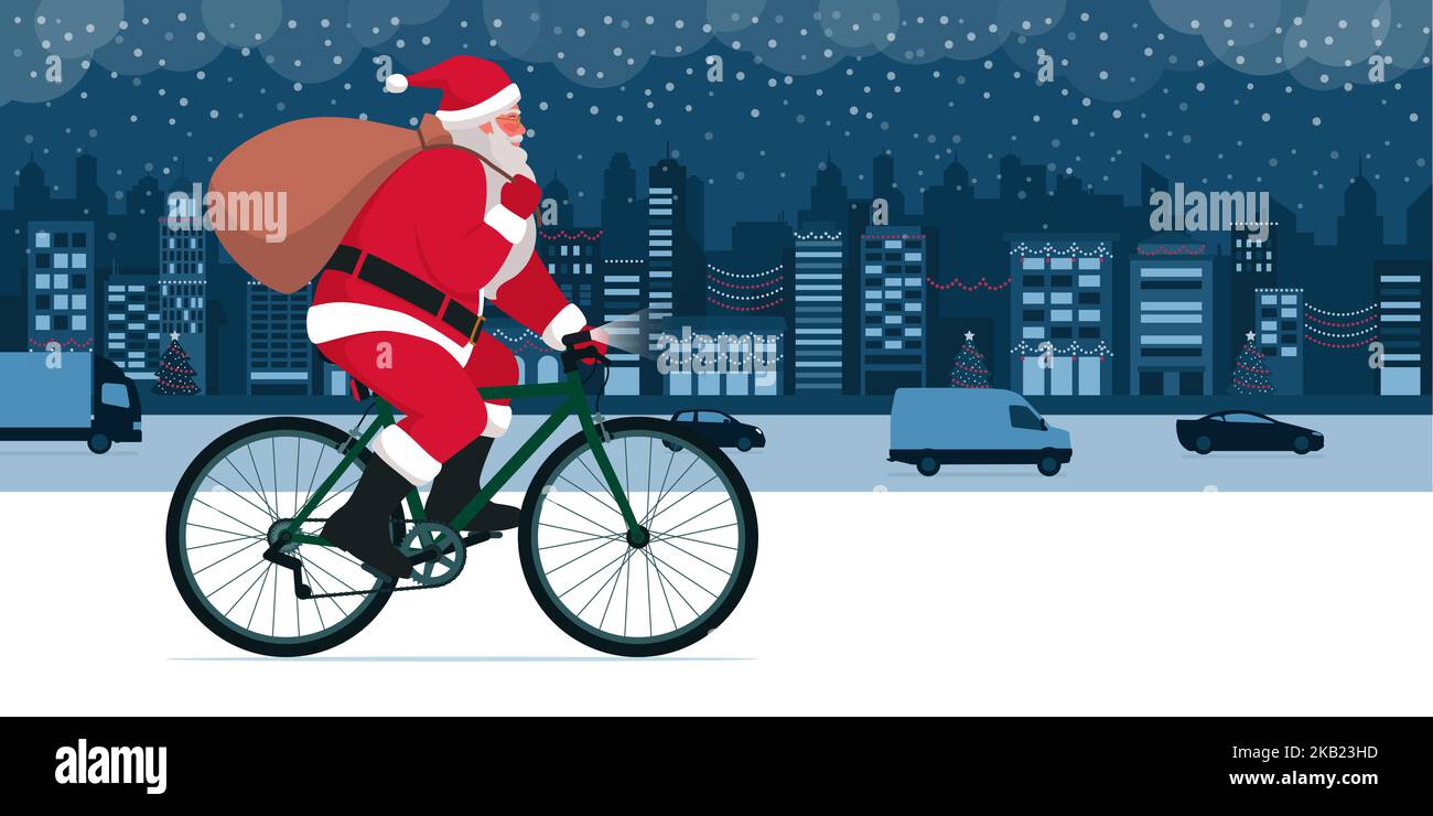 Feliz Papá Noel montando en bicicleta en la calle de la ciudad y llevando un saco lleno de regalos de Navidad Ilustración del Vector