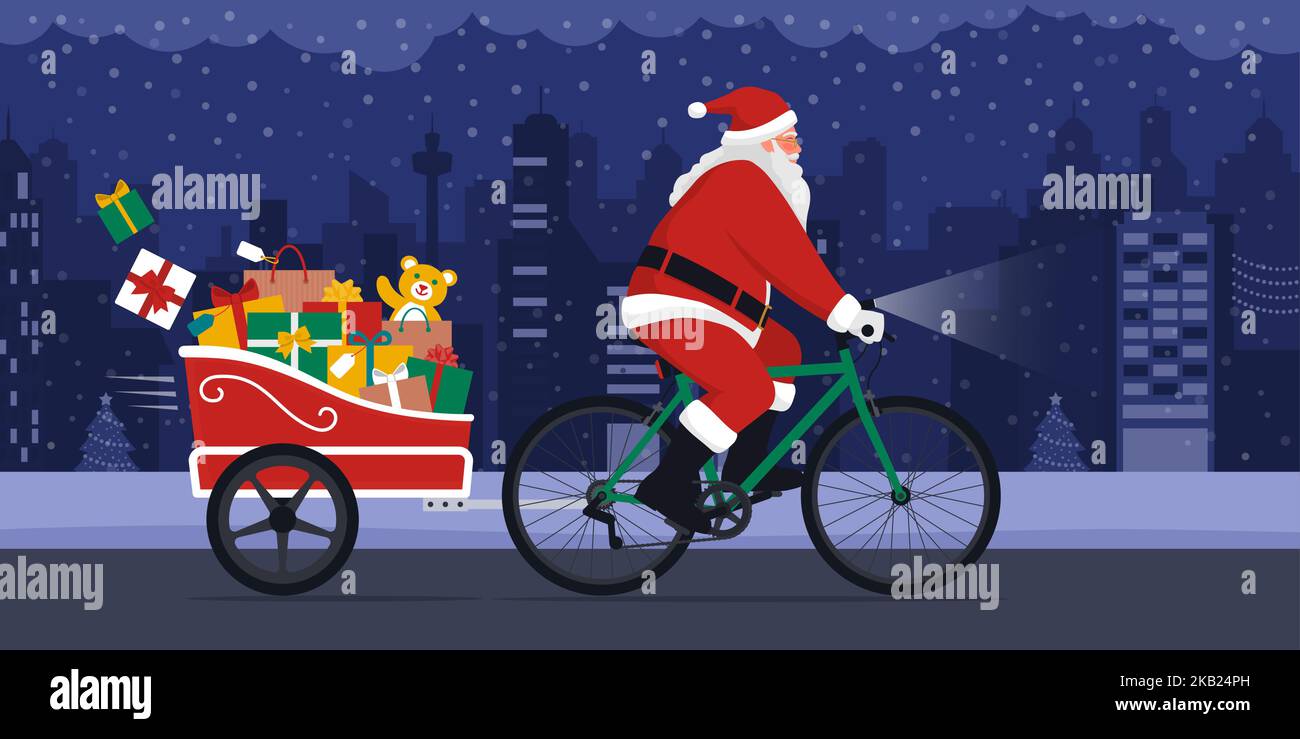Respetuoso con el medio ambiente Santa Claus Entrega regalos de Navidad, que está montando en bicicleta con un remolque en la calle de la ciudad Ilustración del Vector