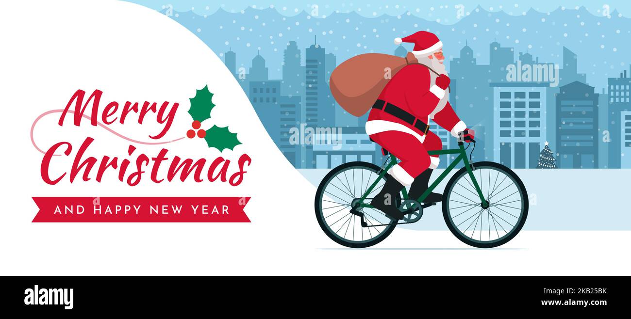 Santa Claus ecológico montando en bicicleta y llevando un saco con regalos, espacio para copias con deseos navideños Ilustración del Vector