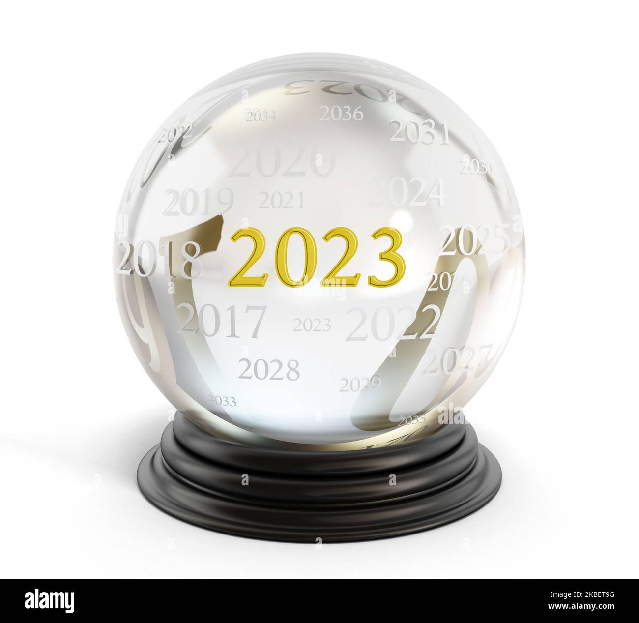 Año nuevo 2023 sobre bola de cristal aislada sobre fondo blanco. Ilustración 3D. Foto de stock