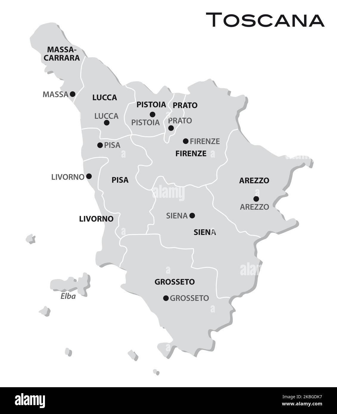 Sencillo mapa administrativo gris de la región de Toscana en Italia Foto de stock