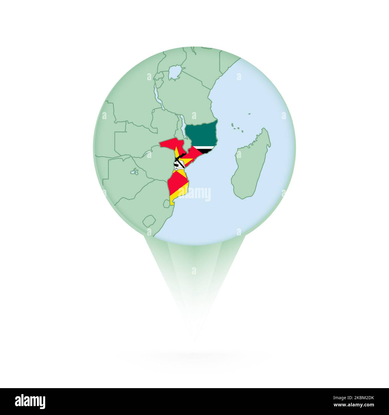 Mapa de Mozambique, icono de ubicación elegante con mapa de Mozambique y bandera. Icono de chincheta verde. Ilustración del Vector