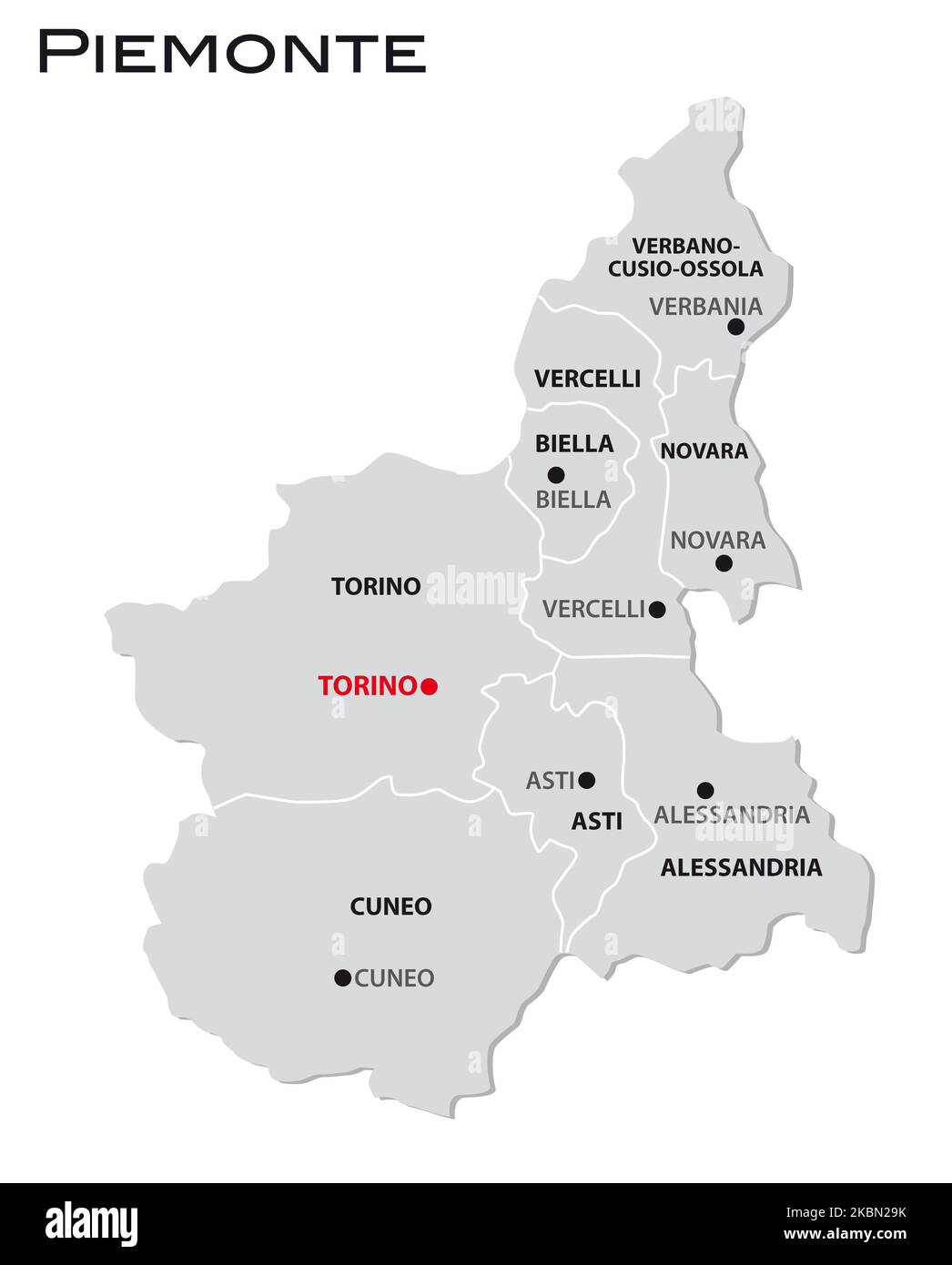 Simple mapa administrativo gris de la región de Piamonte de Italia Foto de stock