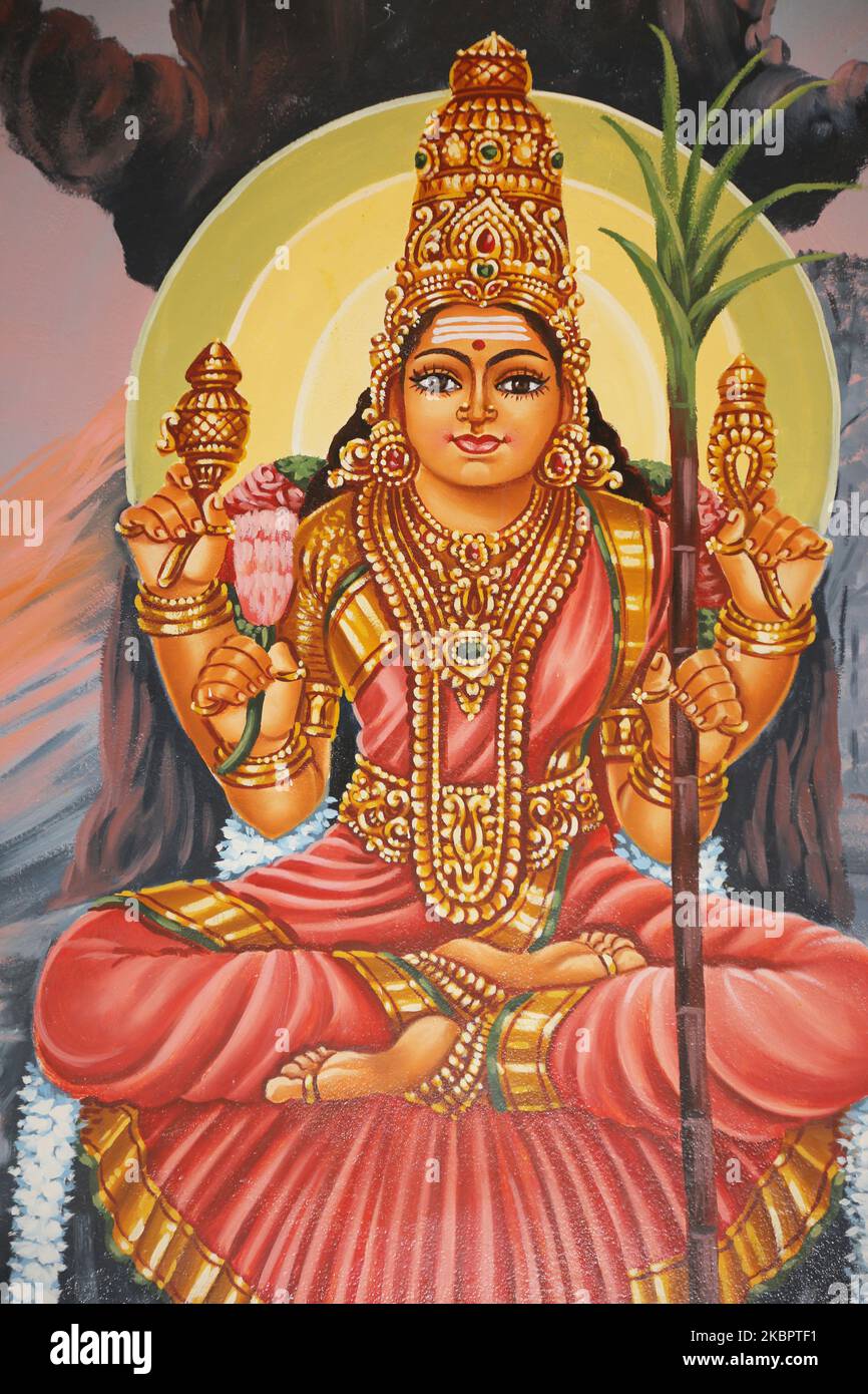 Fresco de la Diosa Hindú Kamakshi adorna el templo hindú Arul Eswari