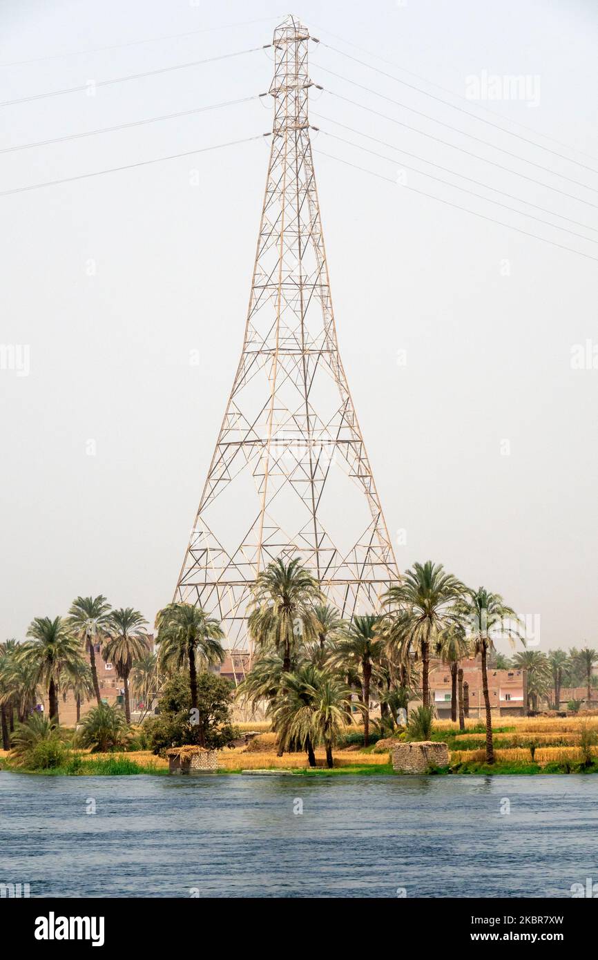 Pilones de electricidad de alto voltaje rodeados de palmeras a orillas del río Nilo, Egipto Foto de stock
