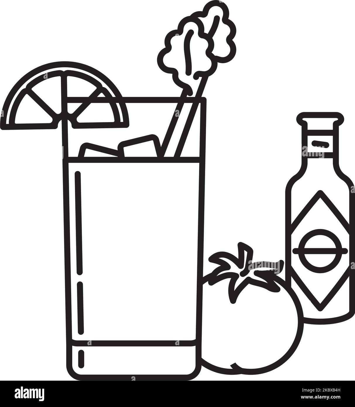 Cóctel Bloody Mary con pedazo de limón y tallo de apio, tomate y botella de salsa caliente icono de la línea vectorial Ilustración del Vector