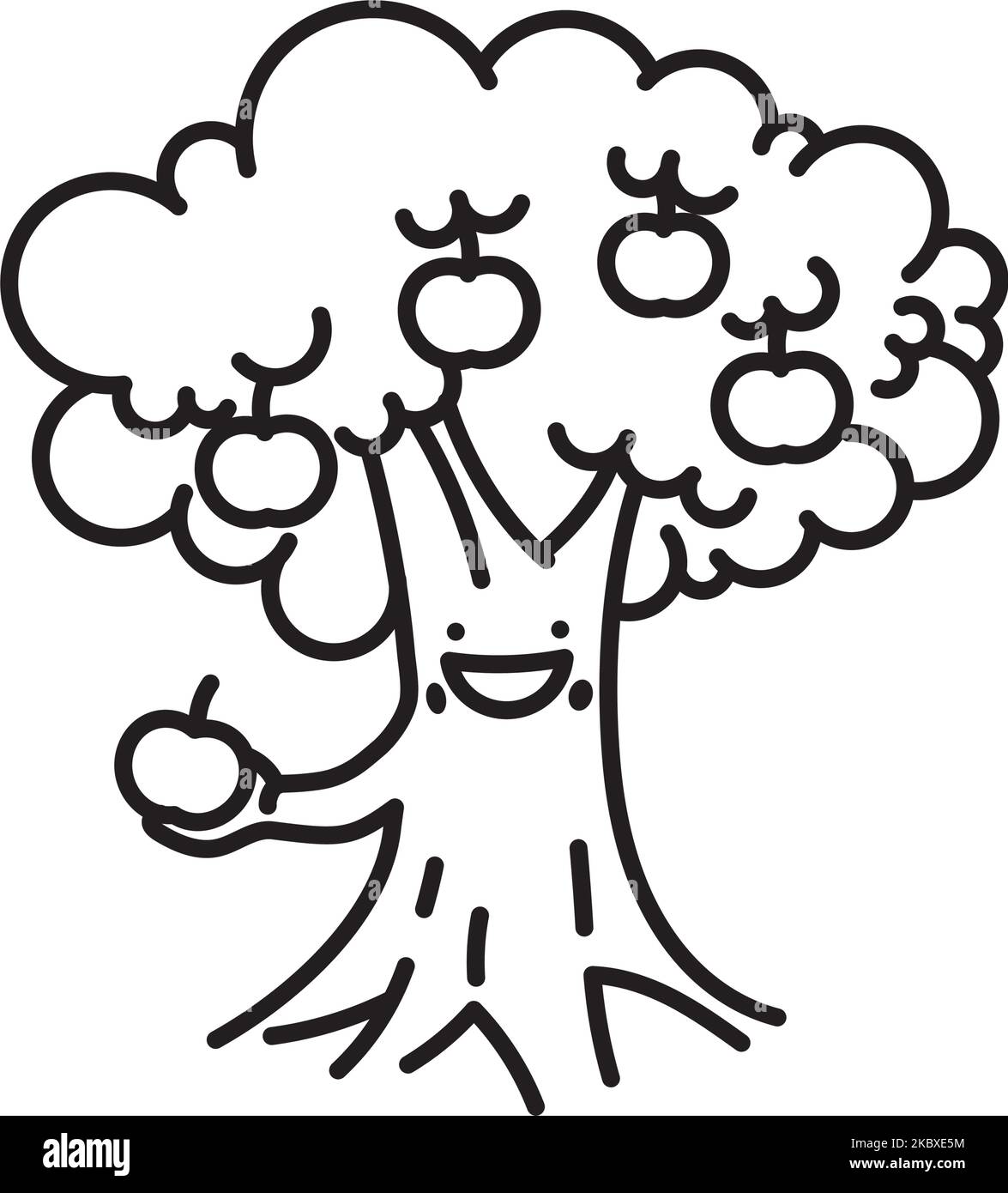 Sonriente Kawaii manzano ofreciendo un icono de la línea de vectores de frutas para el Apple Tree Day el 6 de enero Ilustración del Vector