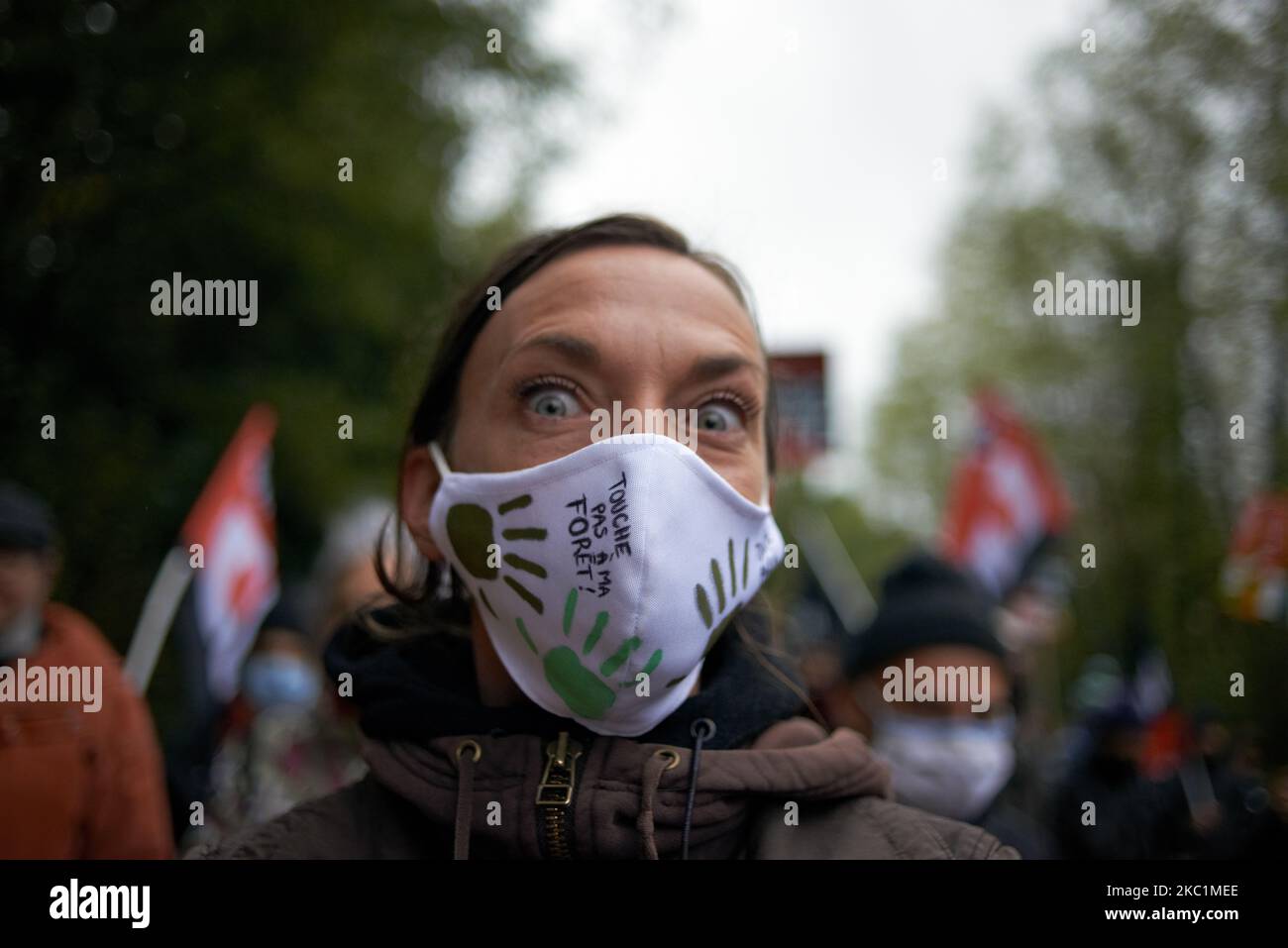 Una mujer usa una máscara facial que dice 'No toquen mi bosque'. Varias asociaciones, partidos políticos y personas pidieron una marcha de Capvern a Lannemezan en las montañas de los Pirineos, como una compañía global, Florian, quiere construir un gigantesco aserradero cerca de la ciudad pirenaica de Lannemezan. Se espera que el aserradero trate casi 400,000 metros cúbicos de madera de haya cada año. Para ello, Florian tendrá que cortar haya en todos los Pirineos franceses. Pretende talar bosques. Los manifestantes provenían de casi todos los Pirineos franceses. El 11th de octubre de 2020 en Lannemezan. Francia. (Foto de Alain Pitton/NurP Foto de stock