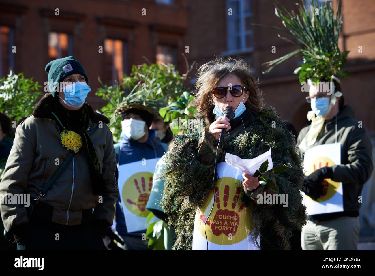 Una mujer de la colectividad 'no tocar mi bosque' habla después del die-in.Varias asociaciones, partidos políticos y personas unidas en un colectivo 'Touche pas a ma foret' (es decir, 'No tocar mi bosque') pidió un die-in en Toulouse delante del ayuntamiento, el Capitolio, Para simbolizar su oposición a una empresa global, Florian. La empresa de aserradero Florian quiere construir un aserradero gigante cerca de la ciudad pirenaica de Lannemezan. Se espera que el aserradero trate casi 400,000 metros cúbicos de madera de haya cada año. Para ello, la empresa Florian tendrá que cortar haya por todo el Pirineo francés Foto de stock