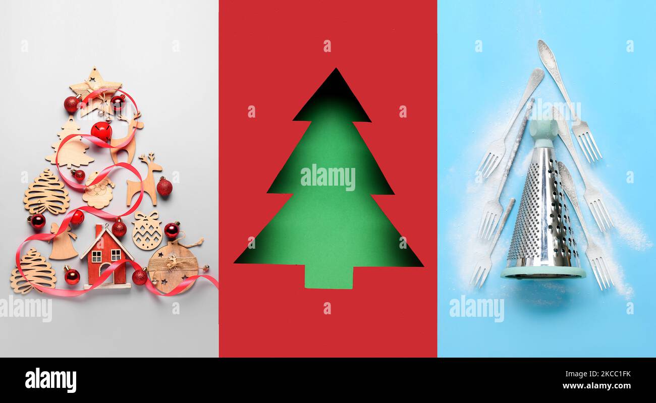 Conjunto de diferentes árboles de Navidad creativos sobre un colorido fondo Foto de stock