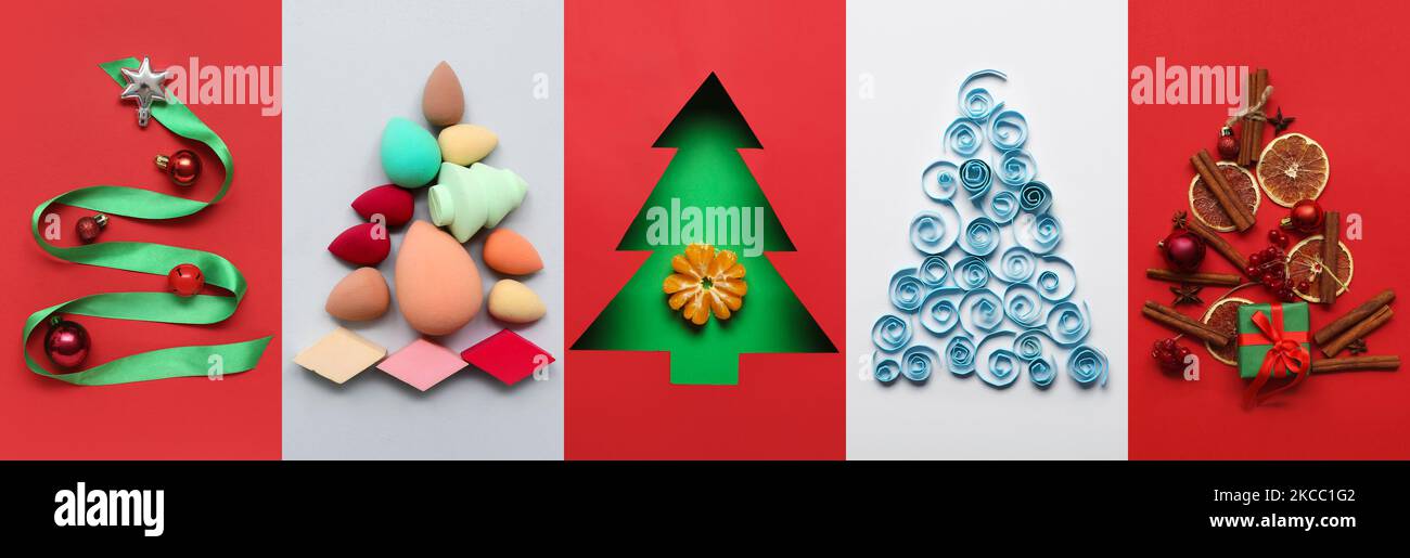 Conjunto de diferentes árboles de Navidad creativos sobre fondo colorido, vista superior Foto de stock