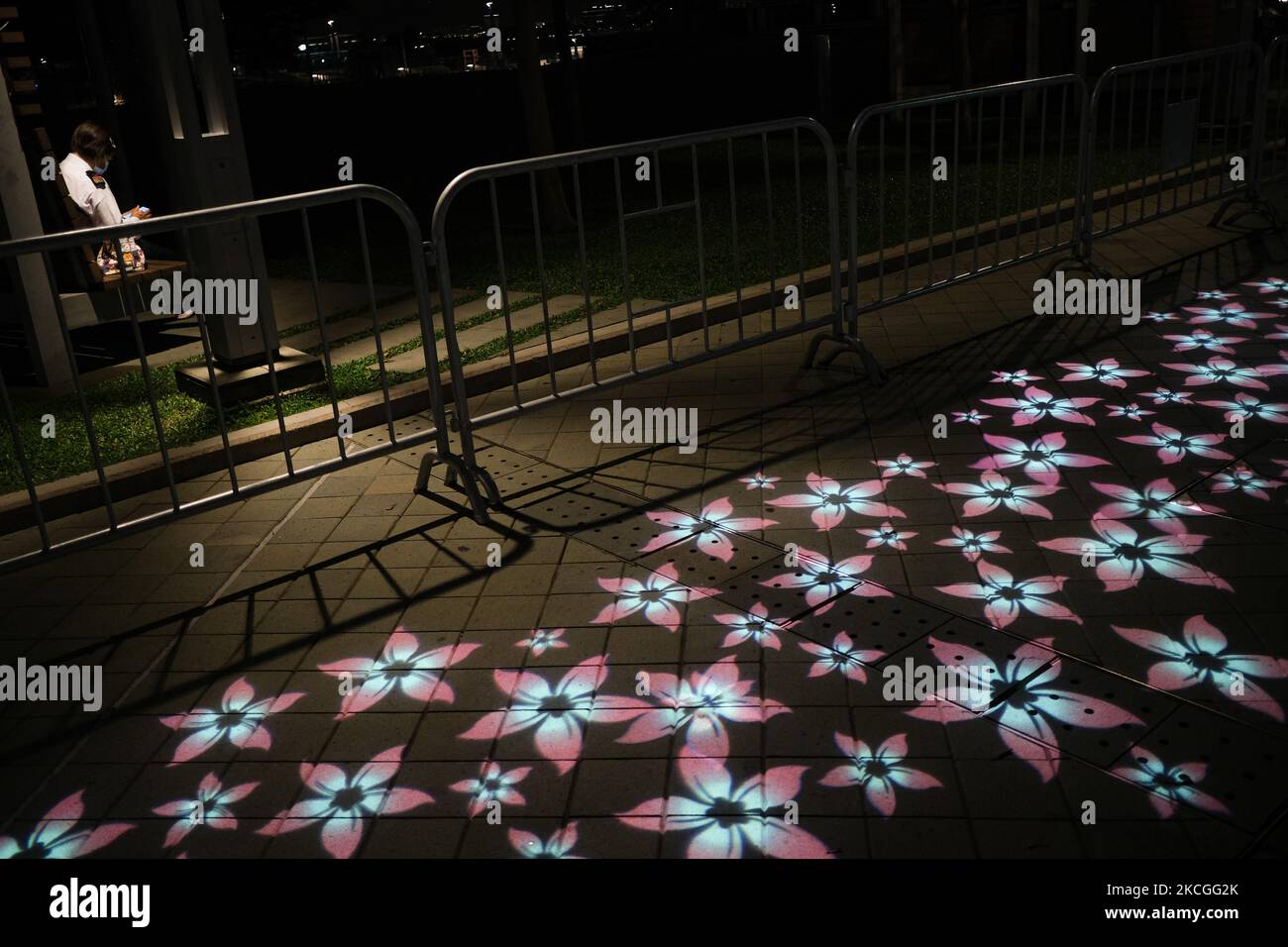 Un proyector que muestra una serie de flores en la carretera recta, y  guardias de seguridad la vigilan junto a ella en Hong Kong, China, el 25 de  junio de 2021. Algunas