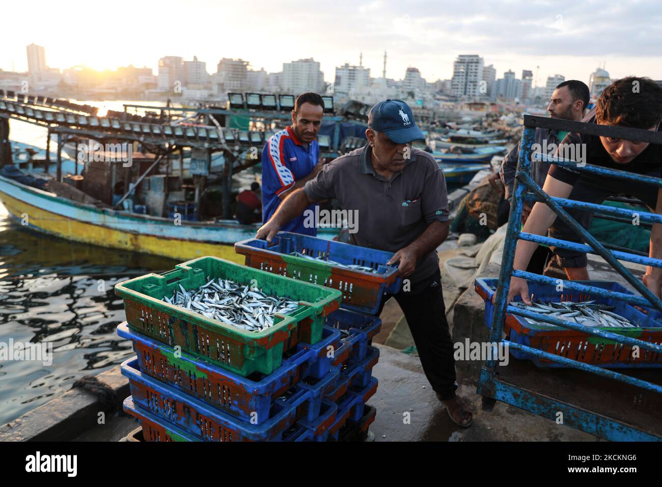 Los pescadores palestinos descargan sus capturas después de un viaje nocturno de pesca, en el Puerto de Gaza, jueves, 2 de septiembre de 2021. Israel reabrió una zona de pesca de 25 kilómetros (15 millas) frente a la costa de Gaza. (Foto de Majdi Fathi/NurPhoto) Foto de stock