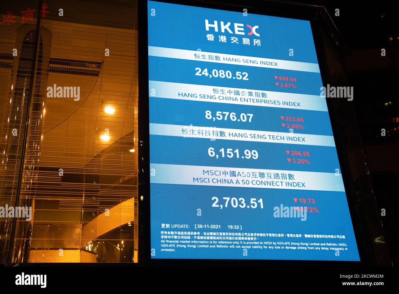 Hong Kong, China, 26 de noviembre de 2021, la Bolsa de Hong Kong muestra  los índices en rojo después de un día de pérdidas desencadenadas por una  nueva variante de COVID, el