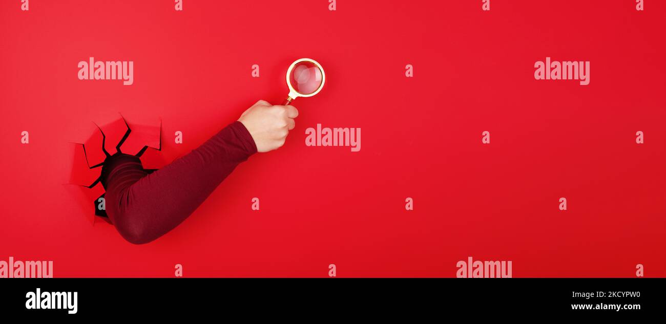 lupa en mano sobre fondo rojo, concepto de búsqueda, diseño panorámico Foto de stock