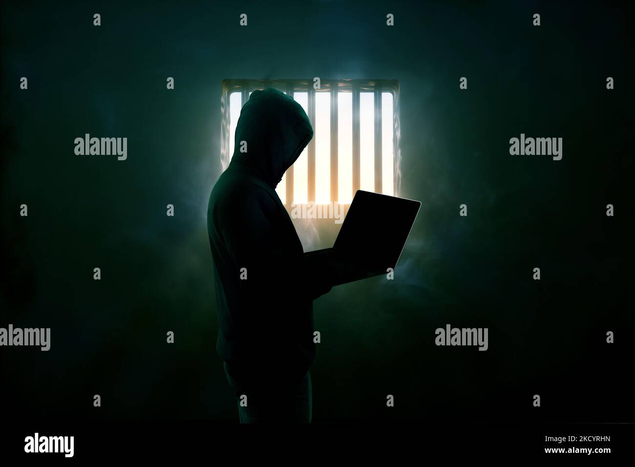 hacker en la celda de la prisión, 3d render Foto de stock