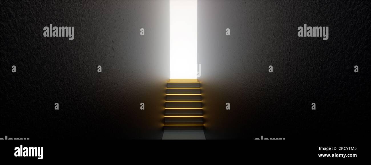 escalera dorada en el interior oscuro de la villa, 3d render, imagen panorámica Foto de stock
