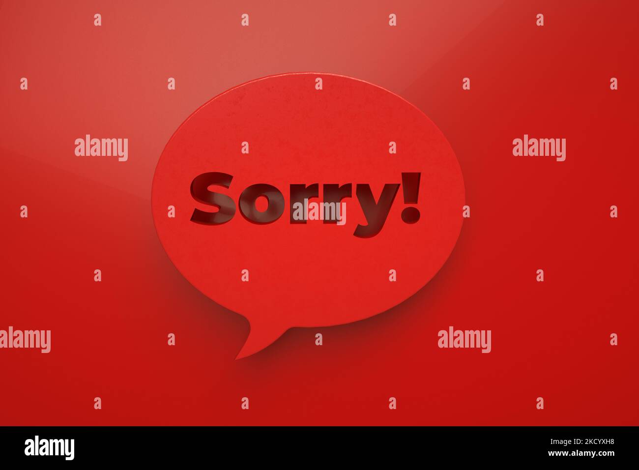 burbuja de discurso con inscripción perdón sobre fondo rojo, mensaje para expresar pesar, 3d render Foto de stock
