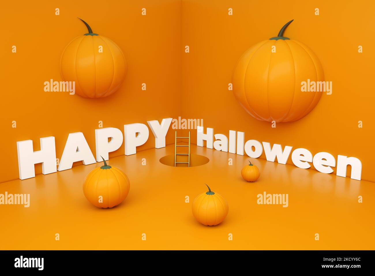 Feliz inscripción de Halloween en la sala naranja, 3D renderizado Foto de stock