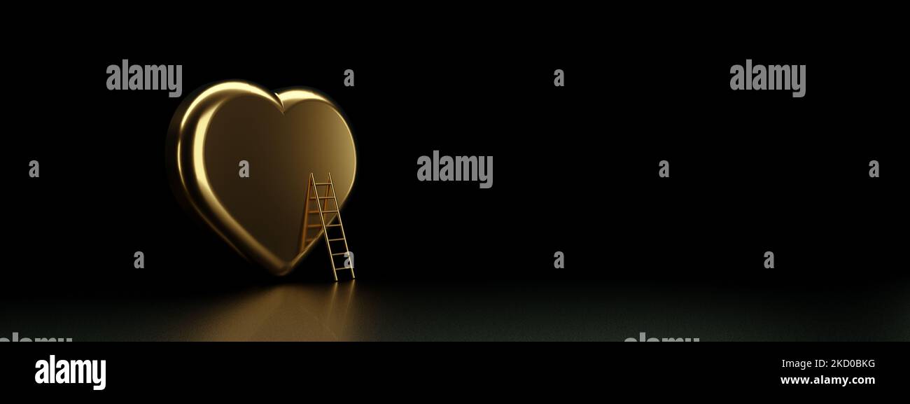 Escalera que conduce a un corazón dorado, símbolo del amor y escalera sobre fondo negro, renderizado en 3D, diseño panorámico Foto de stock