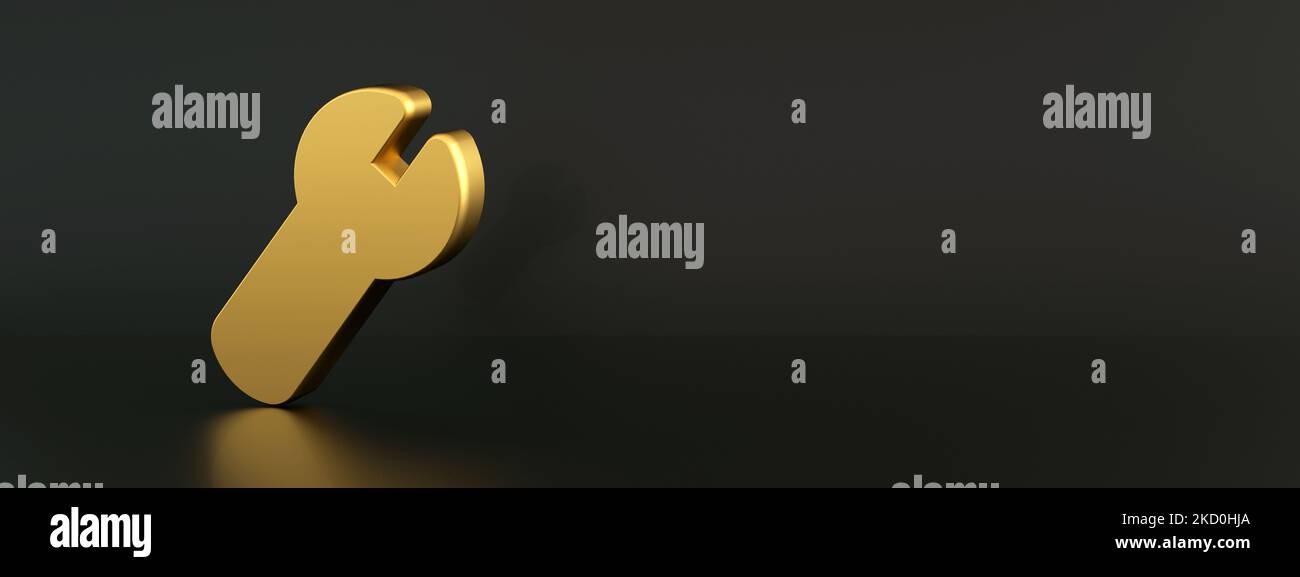 llave dorada sobre fondo negro, renderización 3d, imagen panorámica Foto de stock