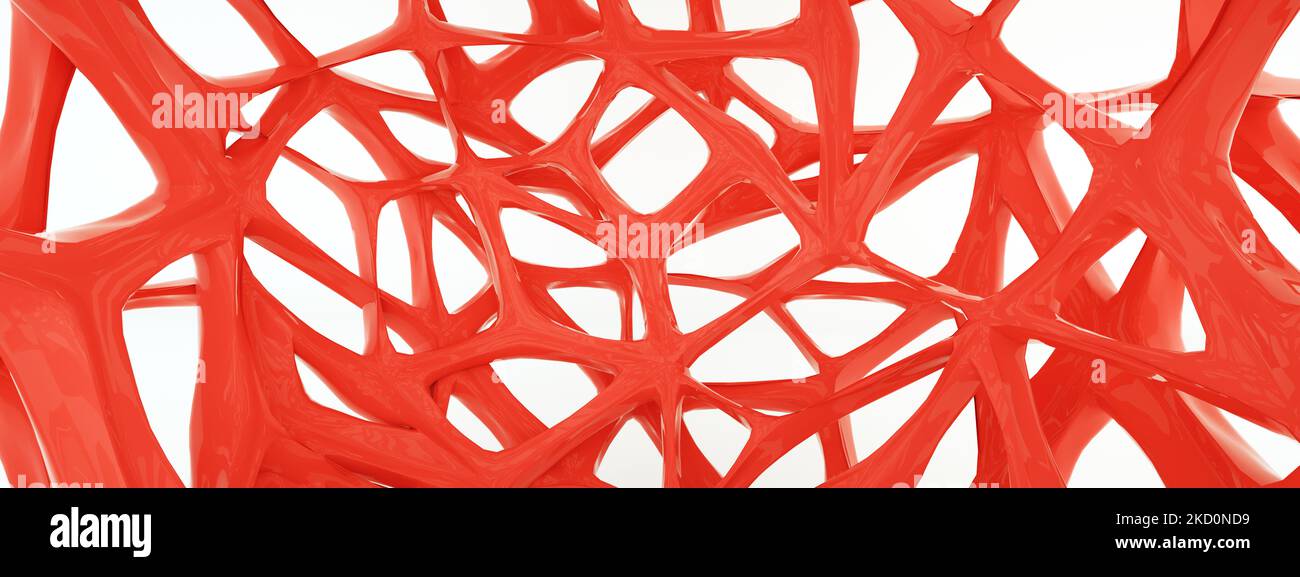 Fondo abstracto con superficie de forma biónica roja, representación 3D, imagen panorámica Foto de stock