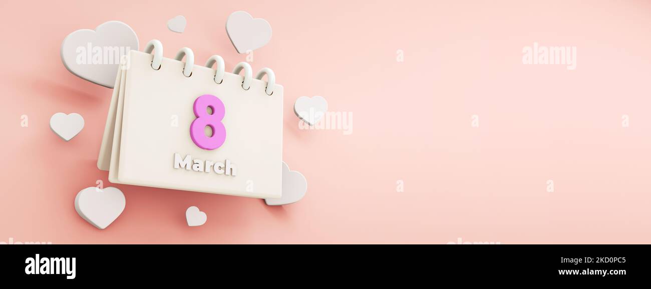 8 de marzo Día Internacional de la Mujer, 3D renderizado, calendario con 8 números y corazones, tarjeta de felicitación panorámica con fondo rosa Foto de stock