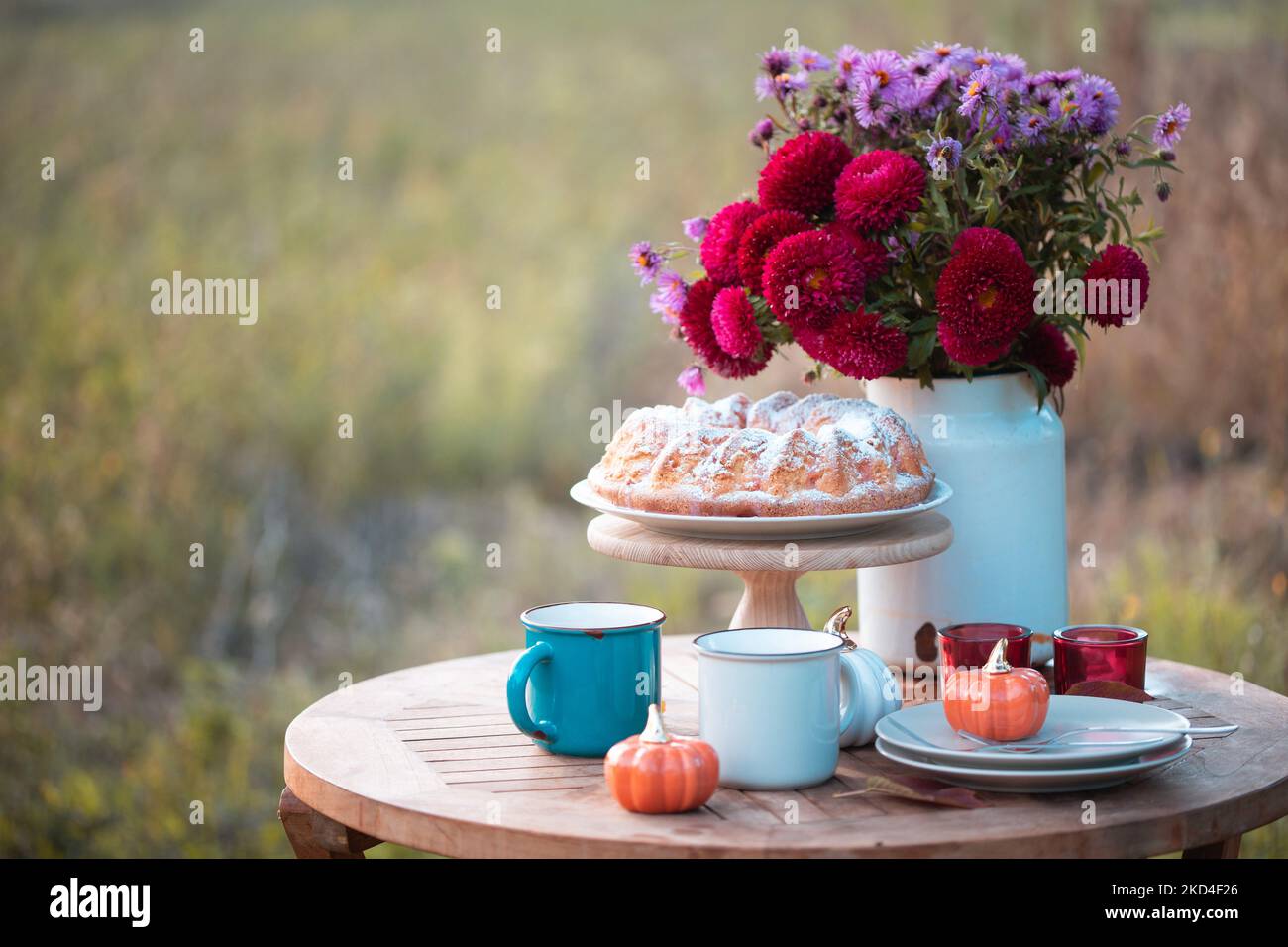 té en el jardín, pastel de manzana, té, ramo de flores y decoración de calabaza Foto de stock