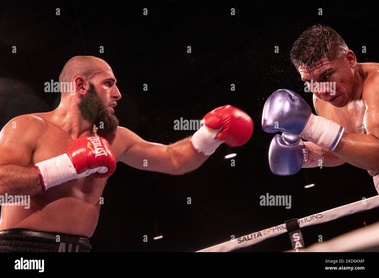 Boxeador deportista peleando con guantes rojos en jaula de boxeo interior  retrato de boxeador profesional