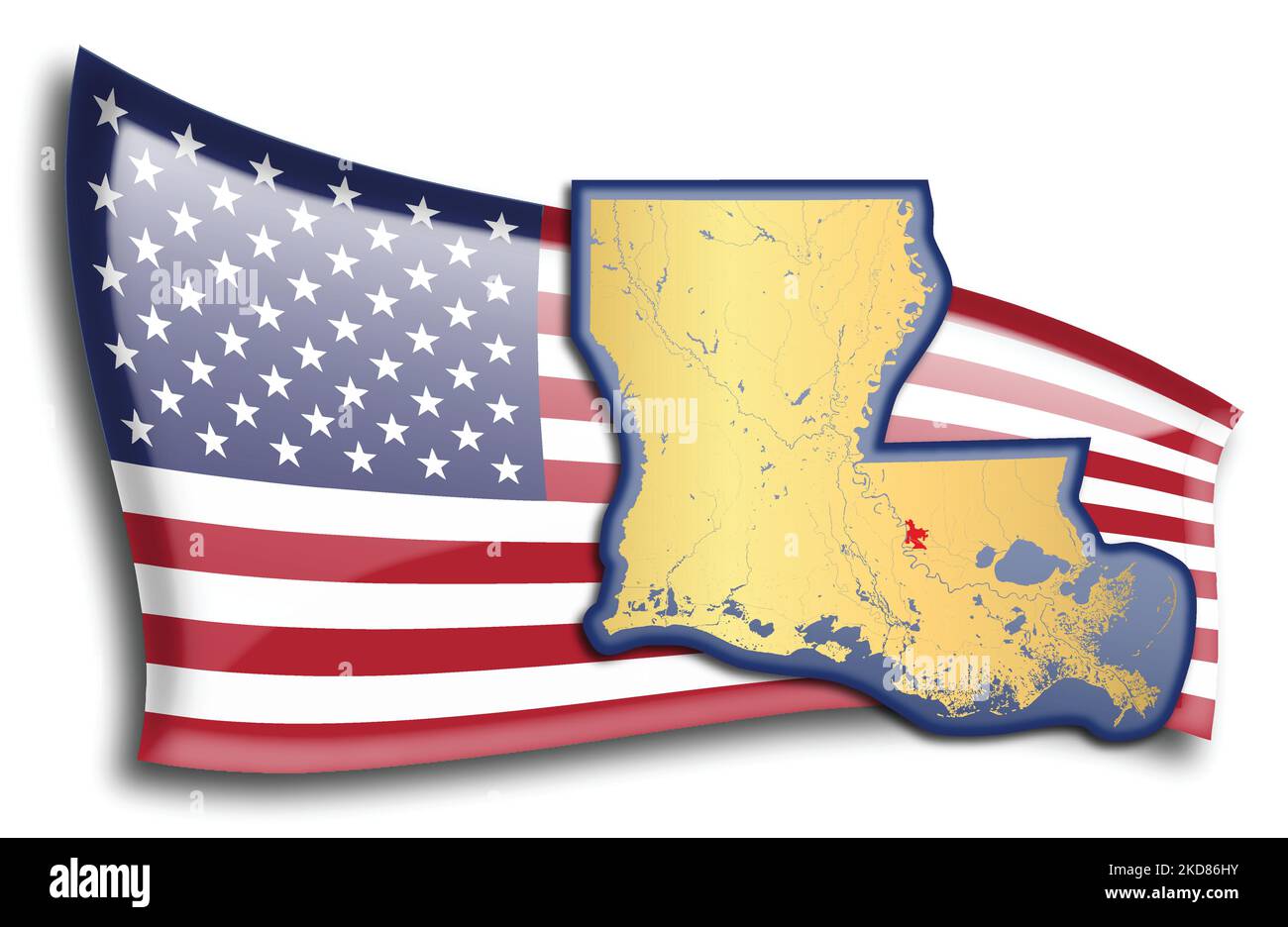 Estados Unidos - mapa de Luisiana contra una bandera estadounidense. Los ríos y lagos se muestran en el mapa. La bandera americana y el mapa del estado se pueden utilizar por separado y. Ilustración del Vector